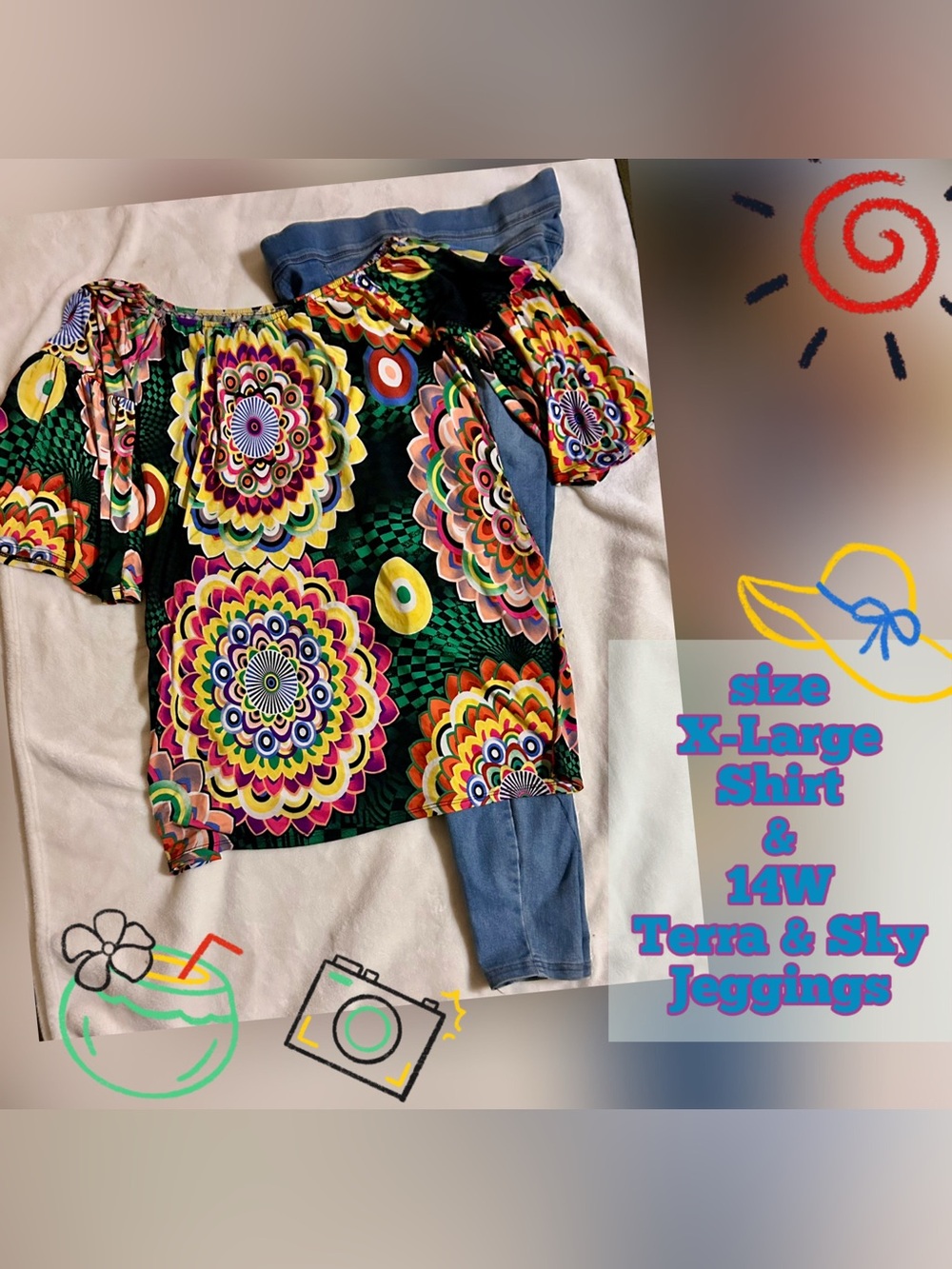 X-Large Colorful Floral Off-Shoulder Top w/Jeggings
